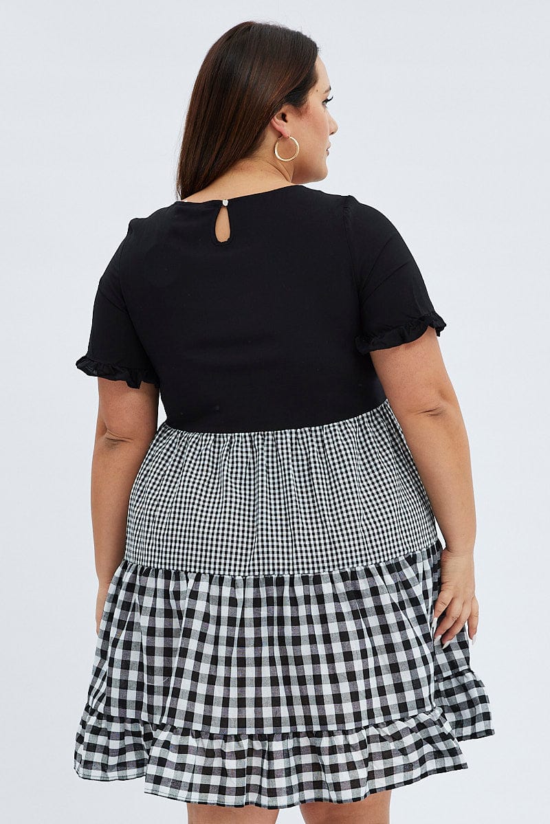 Black Check Mini Dress Short Sleeve Tiered - Image 5