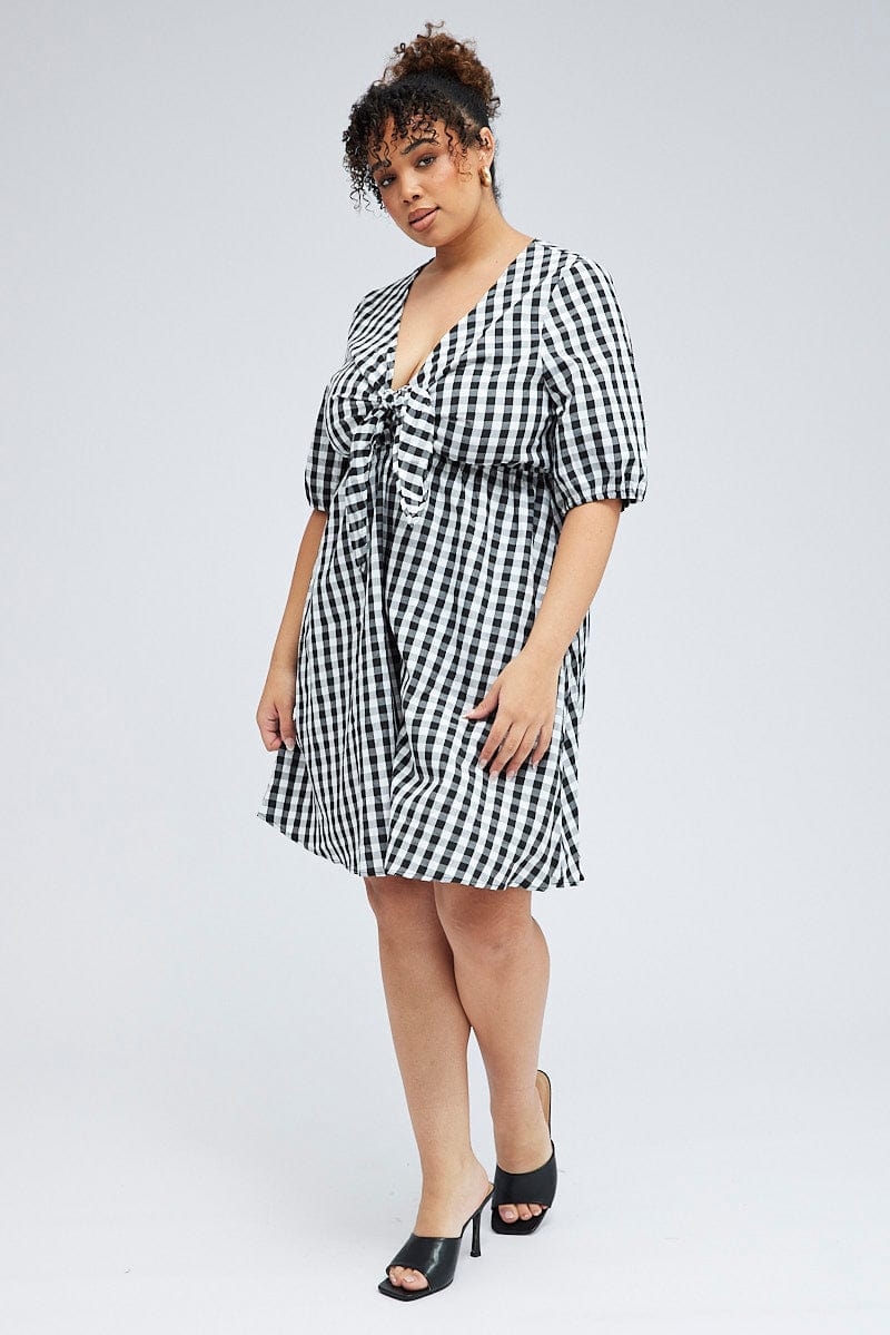 Black Check Mini Dress Tie Gingham Puff Sleeve - Image 2