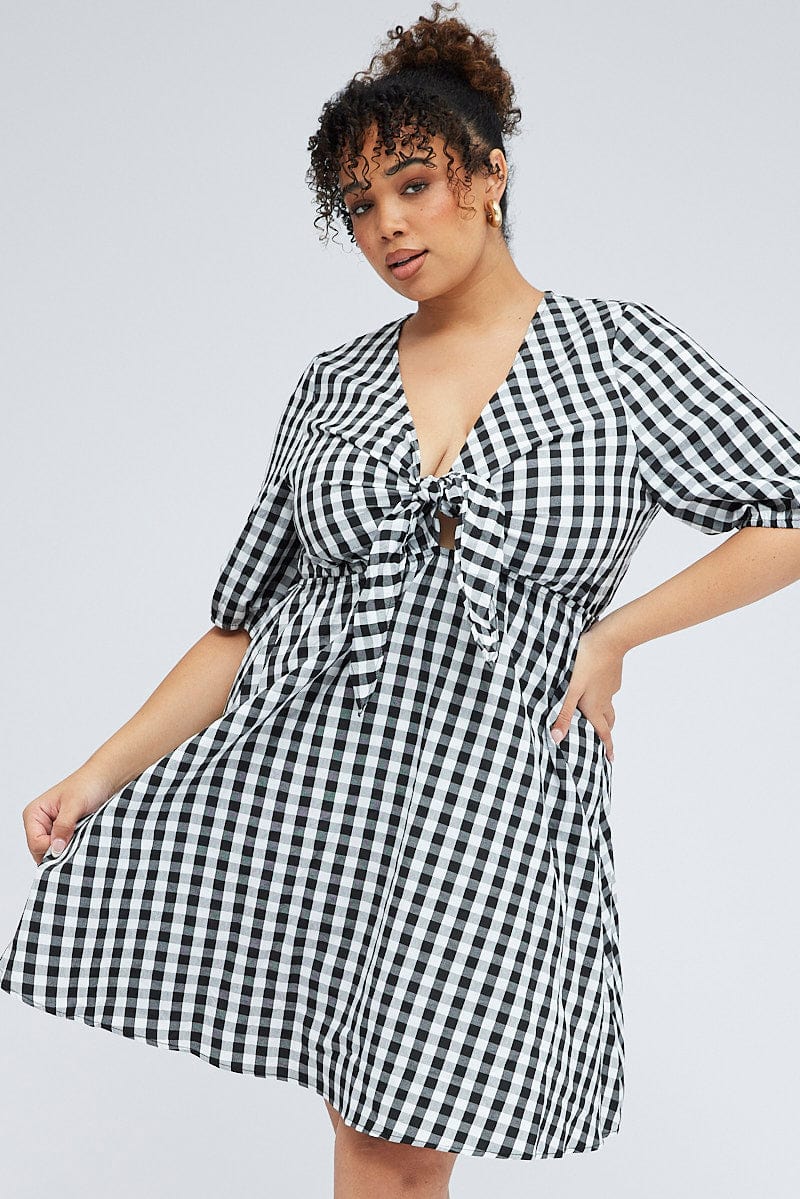 Black Check Mini Dress Tie Gingham Puff Sleeve - Image 3