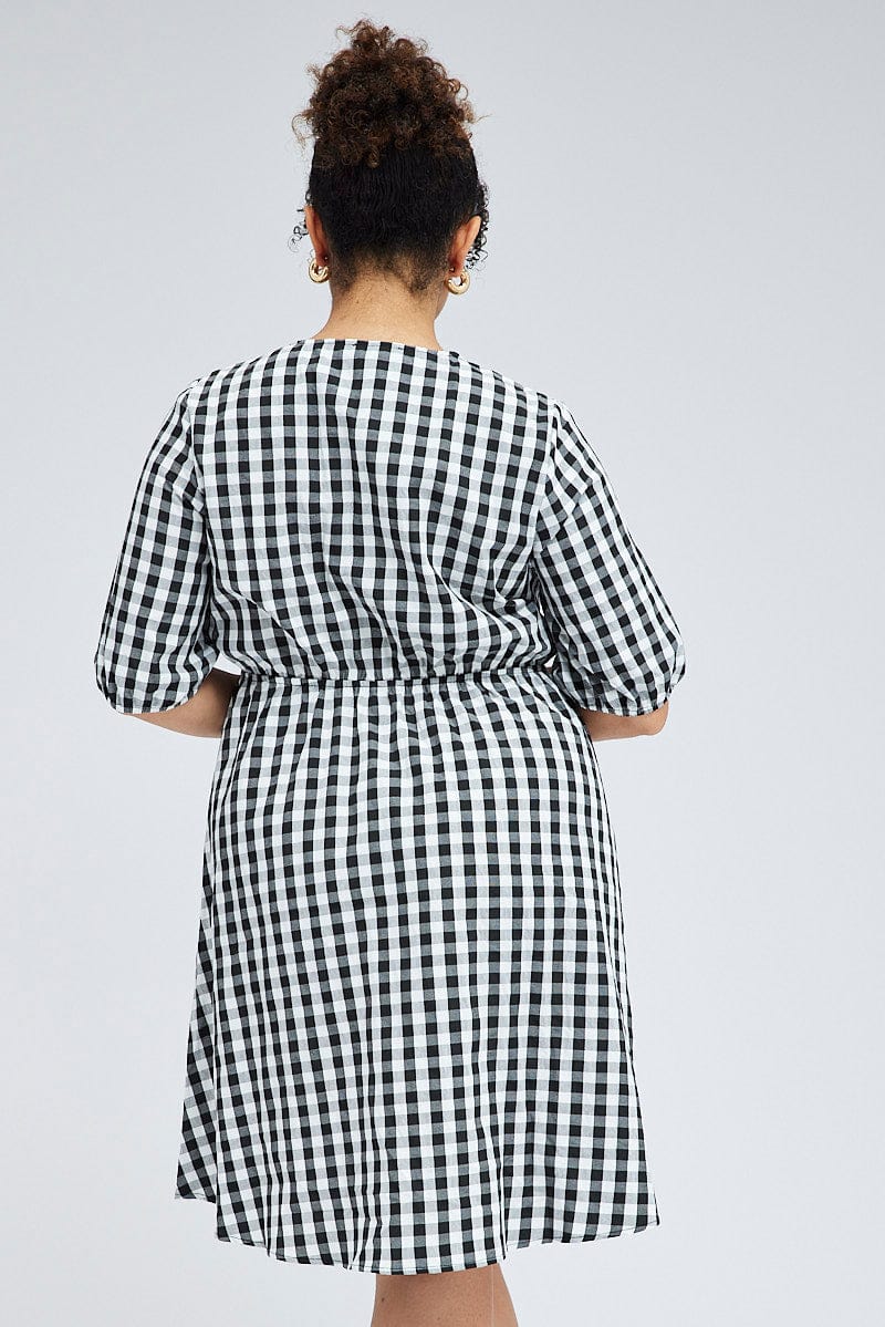 Black Check Mini Dress Tie Gingham Puff Sleeve - Image 5