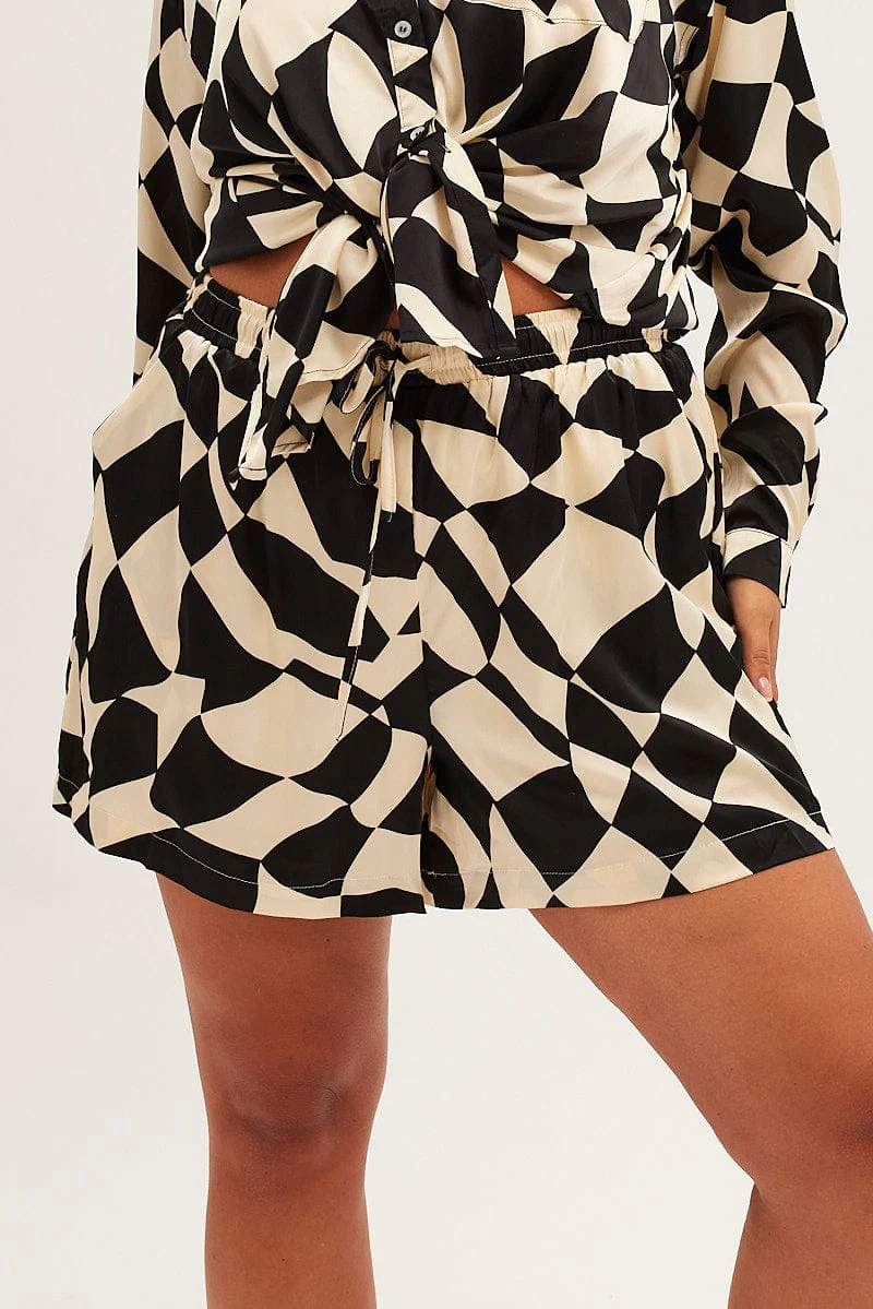 Black Check Mini Shorts High Rise Elasticated Waist - Image 2