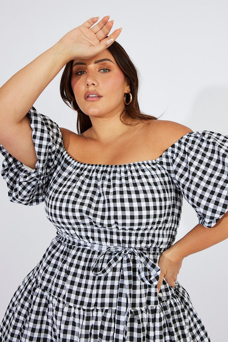 Black Check Off Shoulder Gingham Skater Dress - Image 2