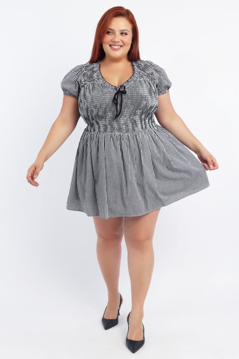 Black Check Playsuit Short Sleeve Front Tie - Image 2