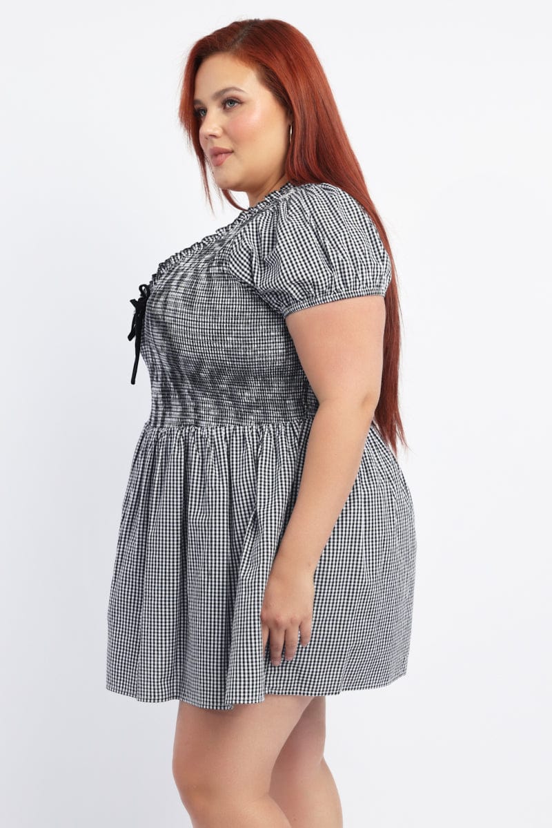 Black Check Playsuit Short Sleeve Front Tie - Image 3