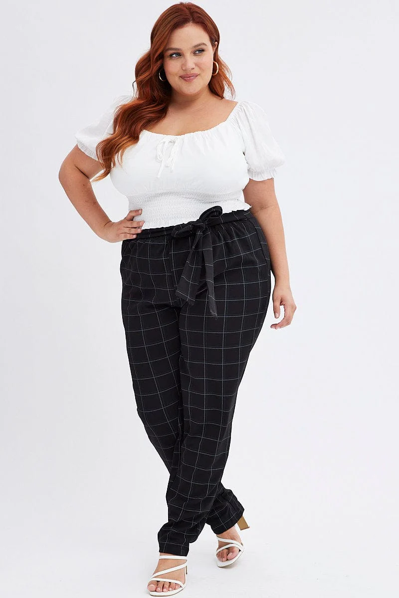 Black Check Slim Pants Tie Waist Stretch - Image 3