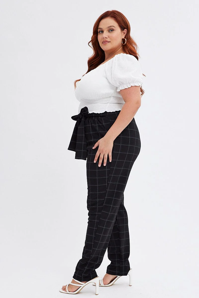Black Check Slim Pants Tie Waist Stretch - Image 4