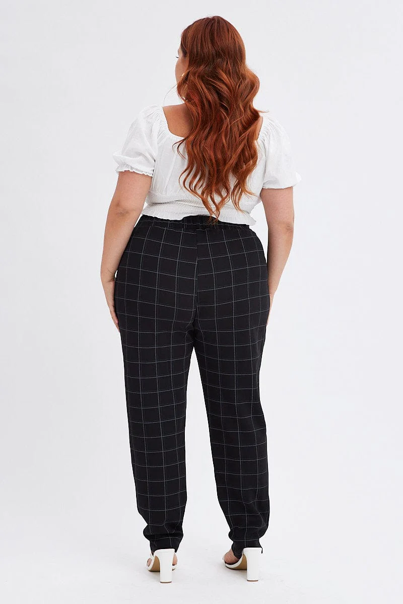 Black Check Slim Pants Tie Waist Stretch - Image 5