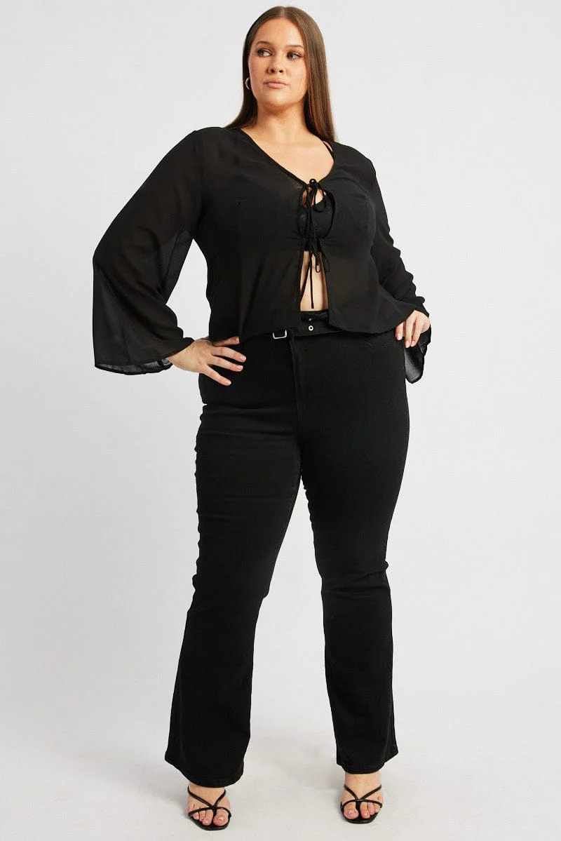 Black Chiffon Flare Sleeve Tie Bolero Jacket - Image 2