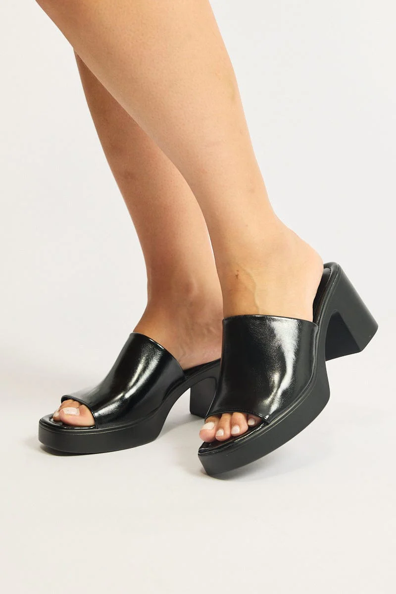 Black Chunky Heeled Mule Sandals - Image 2