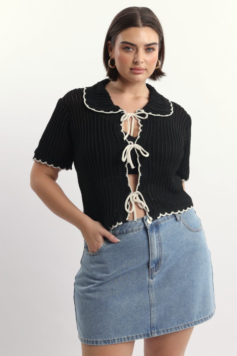 Black Collar Knit Cardigan Short Sleeve Tie up