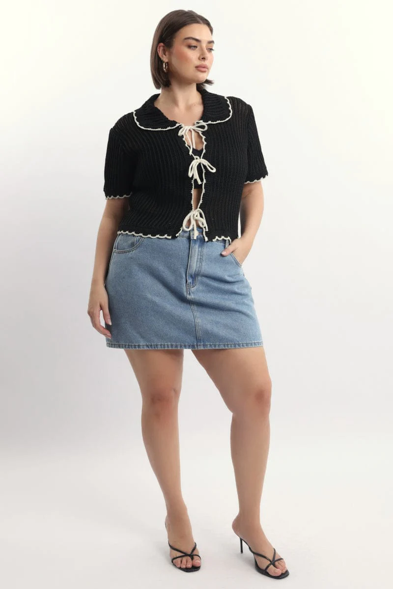 Black Collar Knit Cardigan Short Sleeve Tie up - Image 2