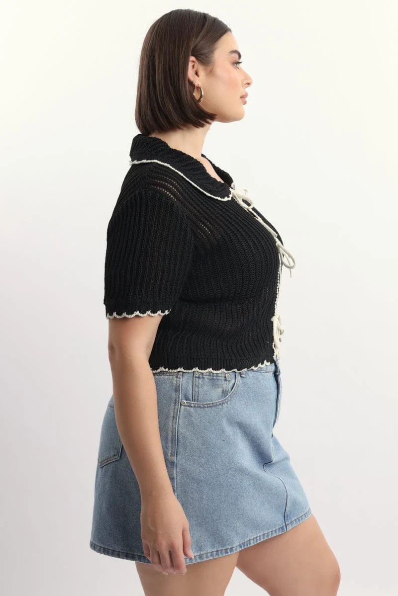 Black Collar Knit Cardigan Short Sleeve Tie up - Image 3