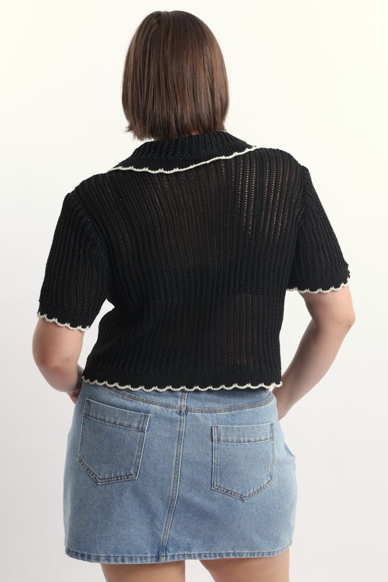 Black Collar Knit Cardigan Short Sleeve Tie up - Image 4