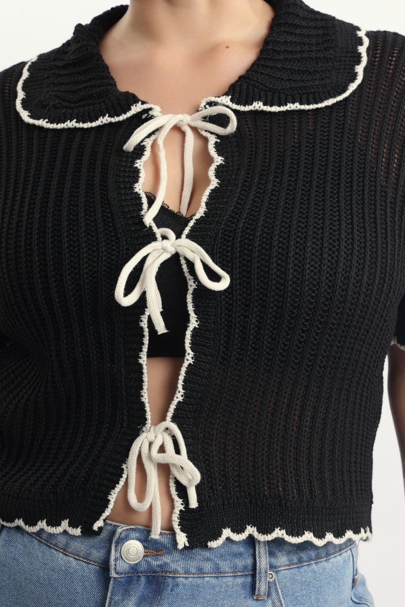 Black Collar Knit Cardigan Short Sleeve Tie up - Image 5