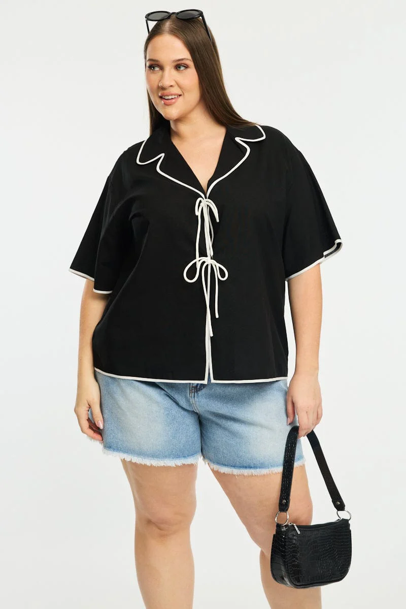 Black Collar Top Short Sleeve Tie Up