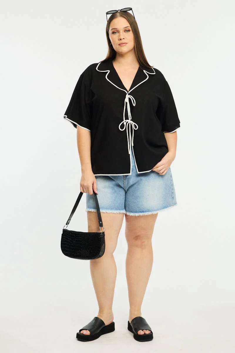 Black Collar Top Short Sleeve Tie Up - Image 2