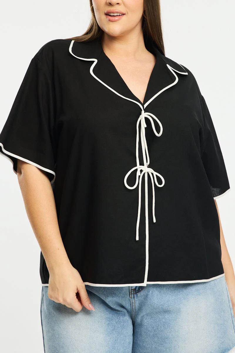 Black Collar Top Short Sleeve Tie Up - Image 5