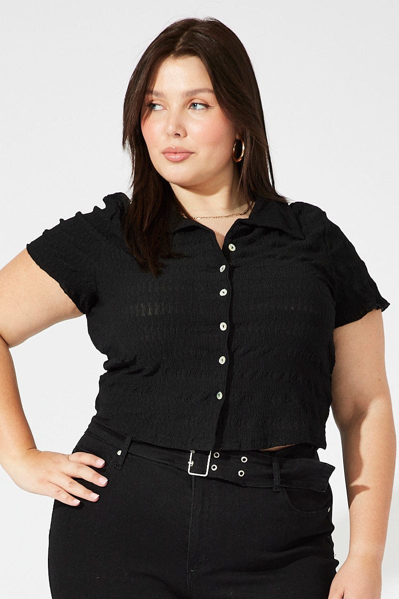 Black Collared Top Short Sleeve Textured - Image 2