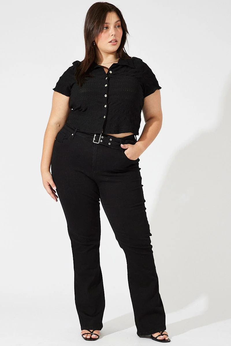 Black Collared Top Short Sleeve Textured - Image 3