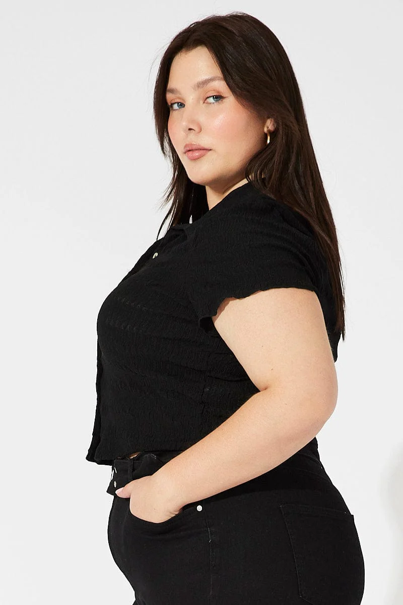 Black Collared Top Short Sleeve Textured - Image 4