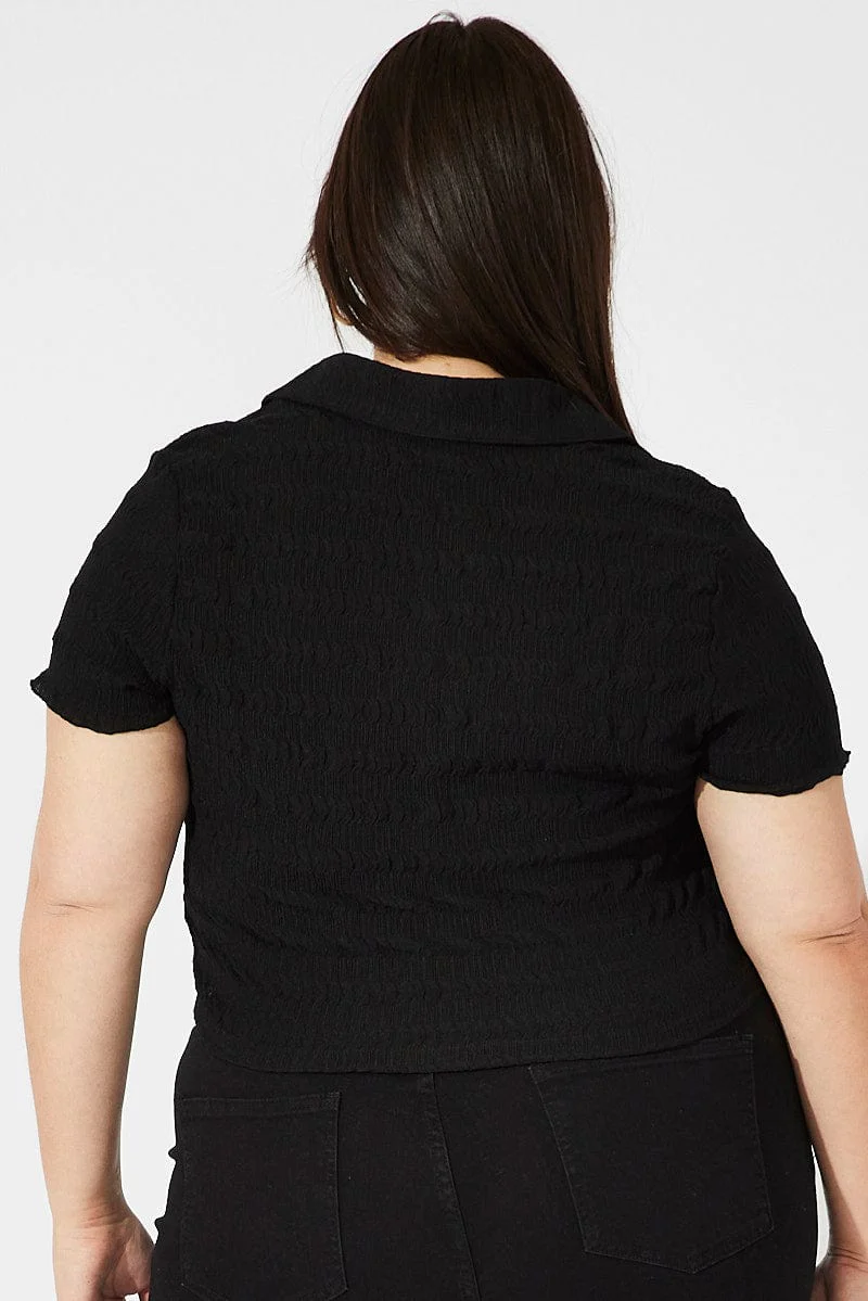 Black Collared Top Short Sleeve Textured - Image 5