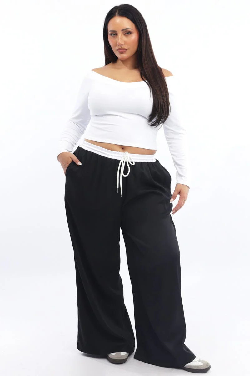 Black Contrast Waistband Wide Leg Pants