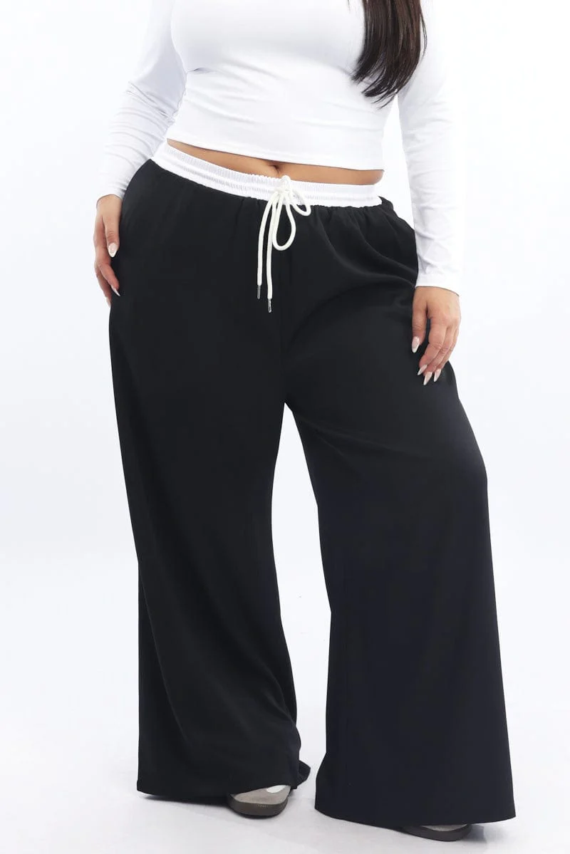 Black Contrast Waistband Wide Leg Pants - Image 2