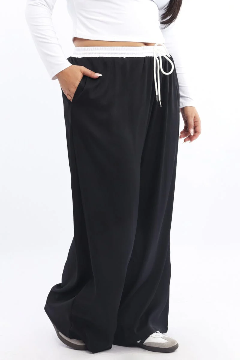 Black Contrast Waistband Wide Leg Pants - Image 3
