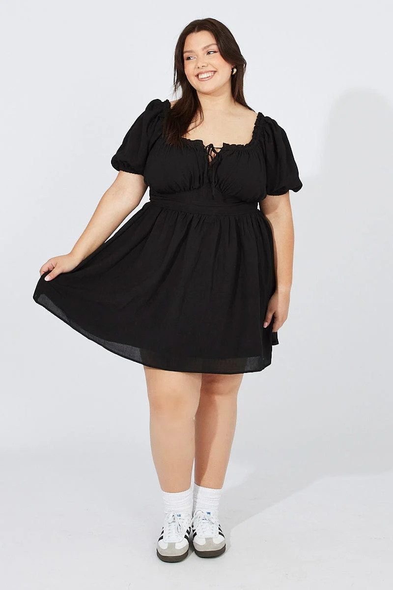 Black Corset Detail Minidress Puff Sleeve - Image 2