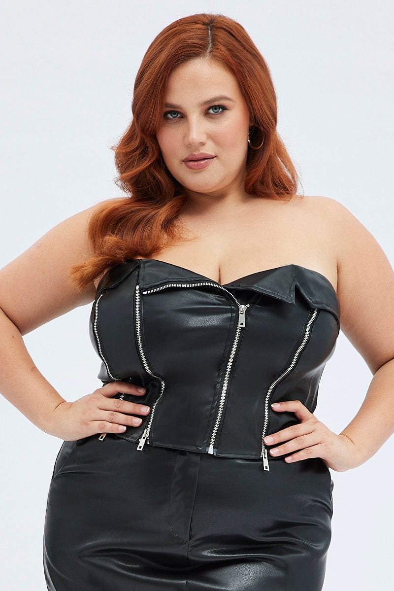 Black Corset Top Faux Leather Multi Zip Strapless - Image 2