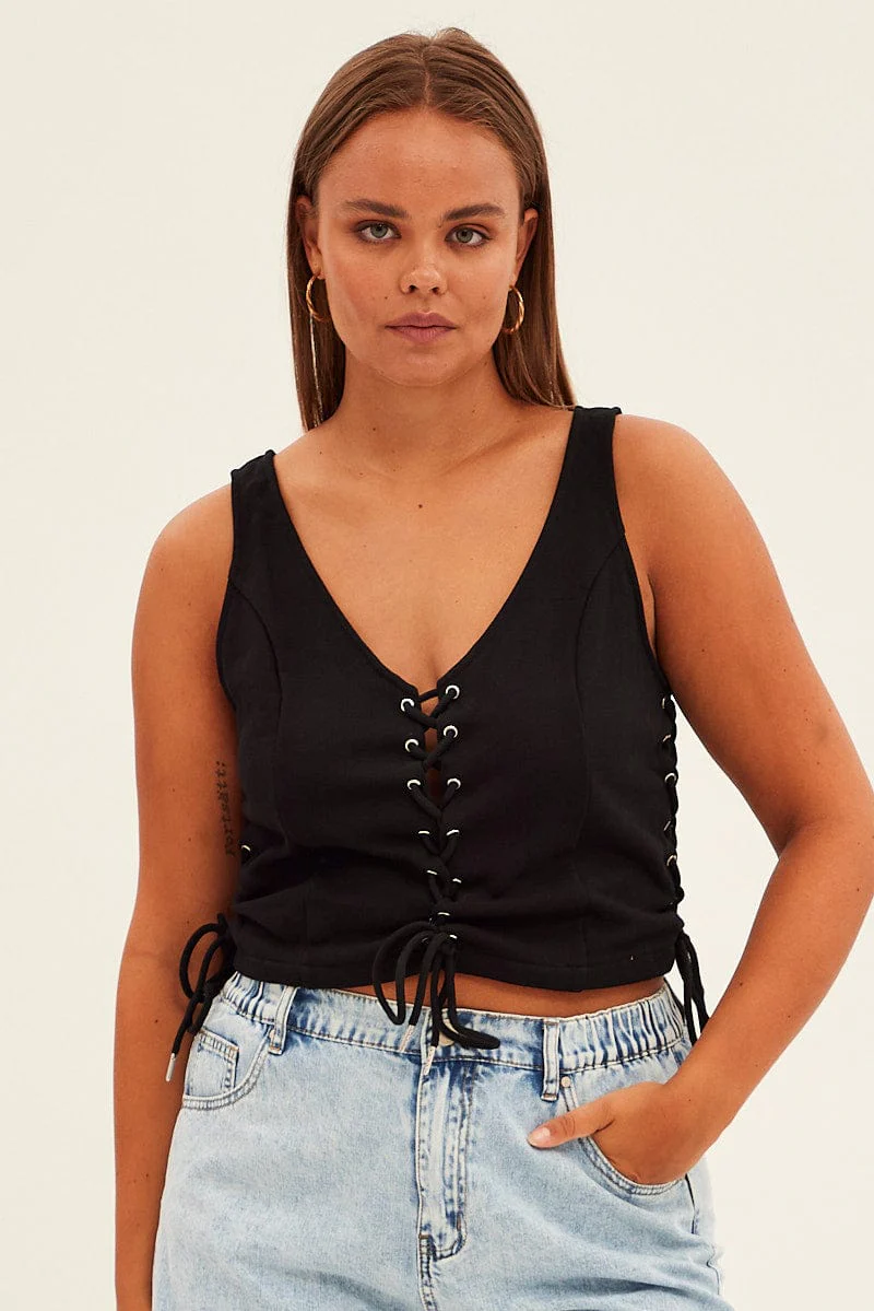 Black Corset Top Lace Up Detail Jersey - Image 3