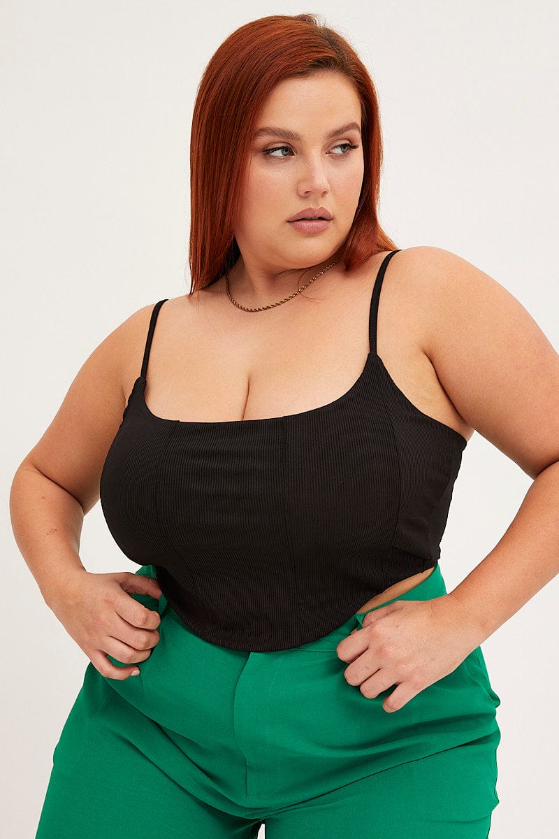 Black Corset Top Shoestring Strap Rib Jersey - Image 3