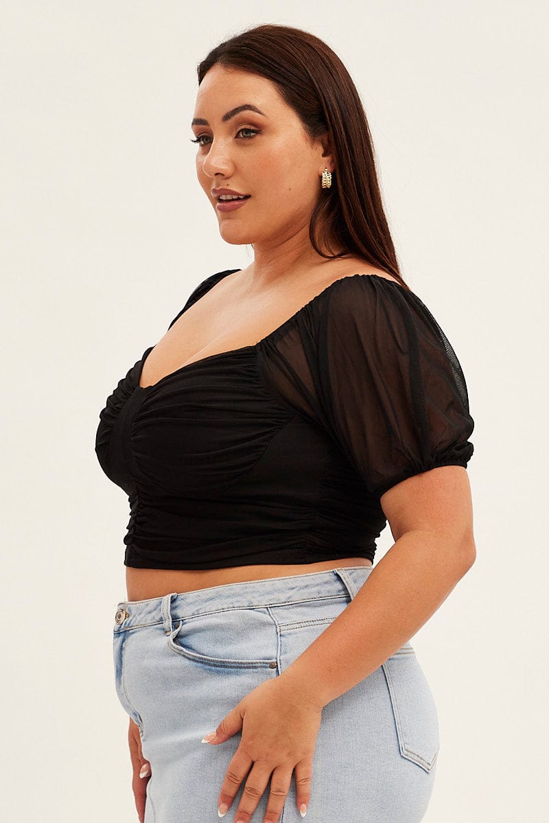 Black Corset Top Short Sleeve Crop Mesh - Image 4