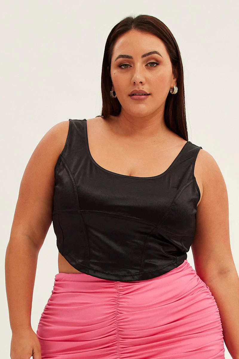 Black Corset Top Sleeveless Satin Look Jersey - Image 3