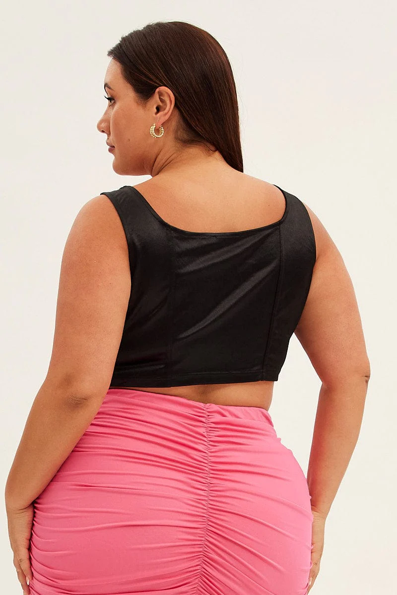 Black Corset Top Sleeveless Satin Look Jersey - Image 5