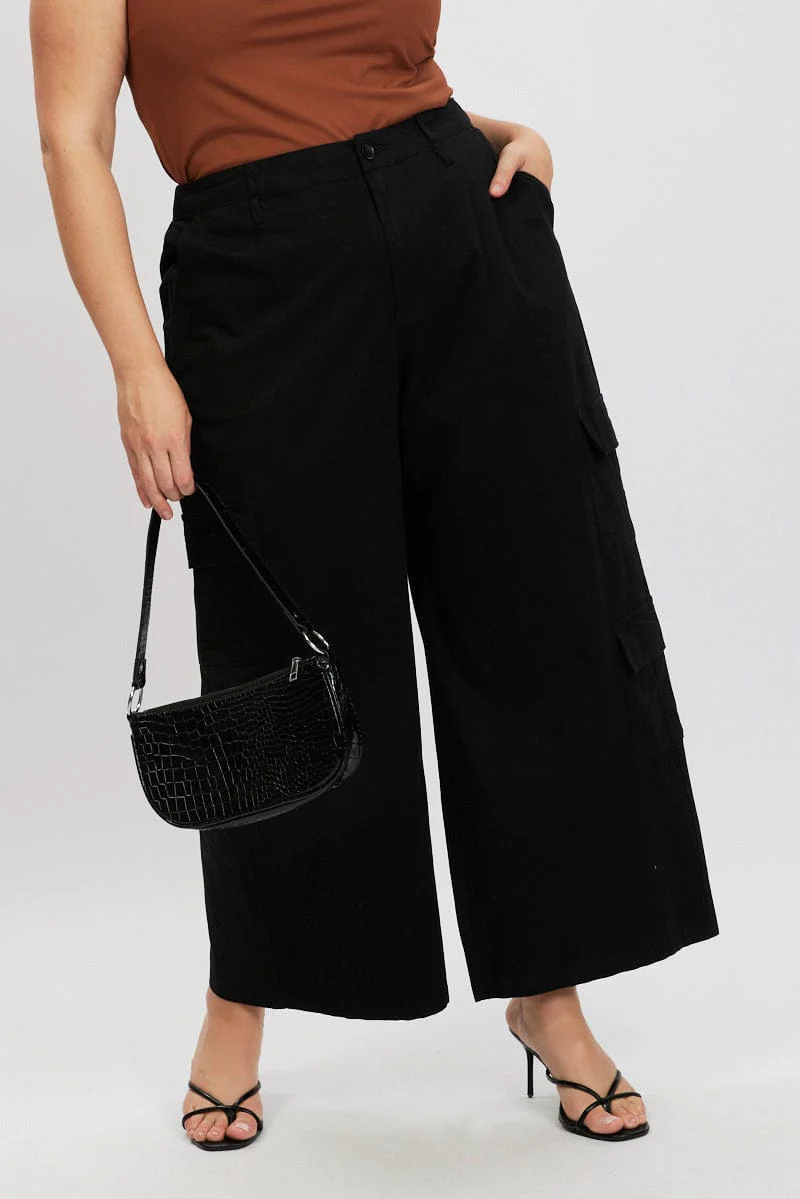 Black Cotton Blend Elastic Waist Wide Leg Cargo Pants - Image 2