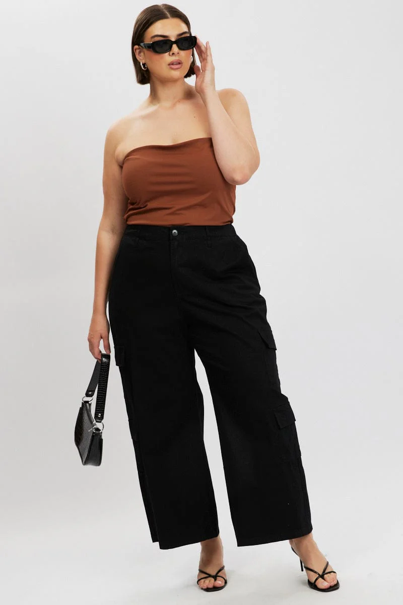 Black Cotton Blend Elastic Waist Wide Leg Cargo Pants - Image 3