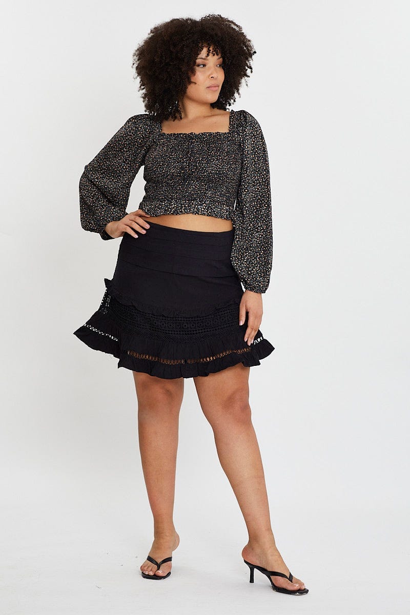 Black Cotton Blend Frill Hem Skater Skirt - Image 3