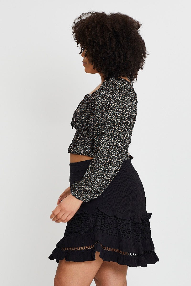 Black Cotton Blend Frill Hem Skater Skirt - Image 4