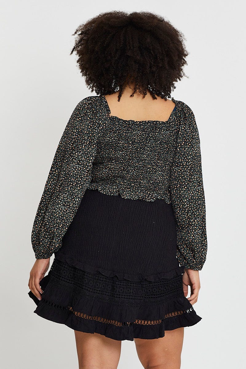 Black Cotton Blend Frill Hem Skater Skirt - Image 5