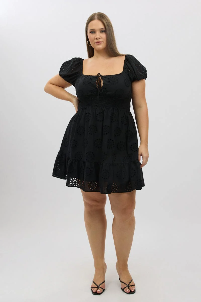 Black Cotton Eyelet Lace Scoop Neck Mini Dress - Image 2