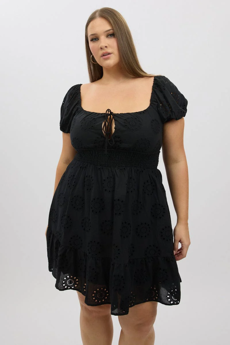 Black Cotton Eyelet Lace Scoop Neck Mini Dress - Image 3