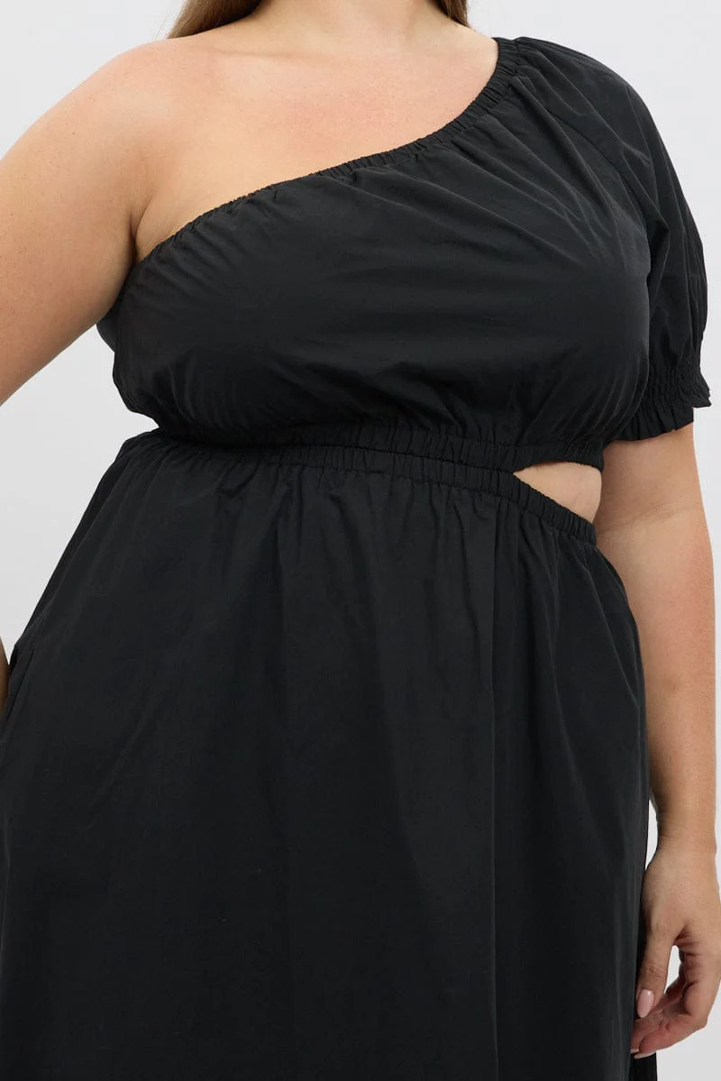 Black Cotton Poplin One Sleeve Dress - Image 6