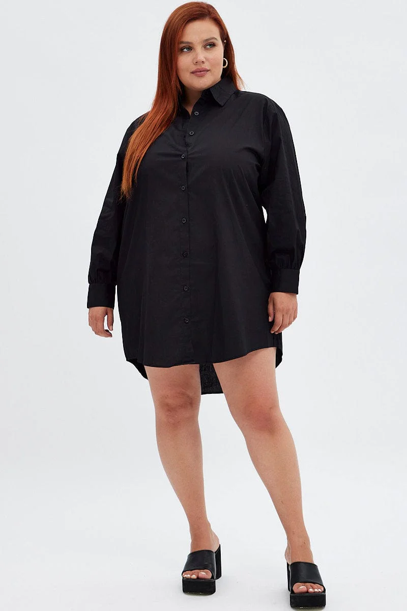 Black Cotton Shirtdress Oversized Long Sleeve - Image 2