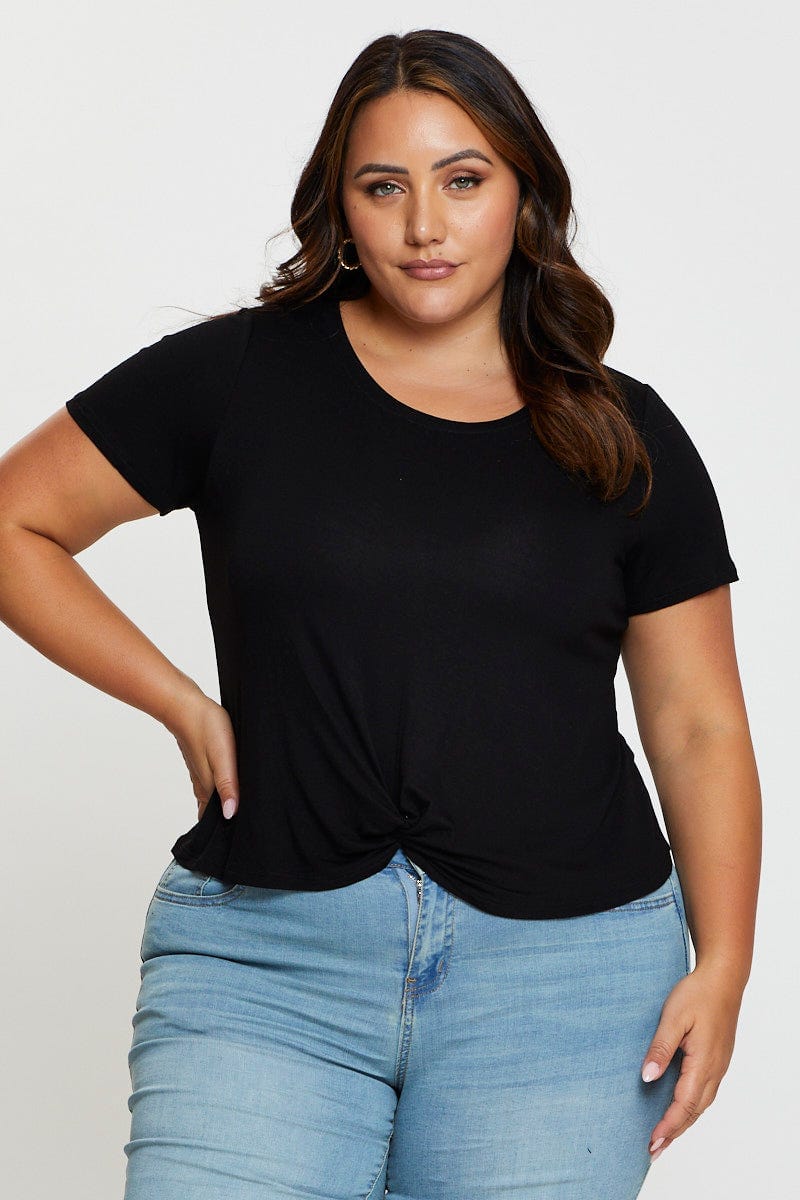 Black Cotton T-shirt Knot Front Crew Neck Short Sleeve - Image 3