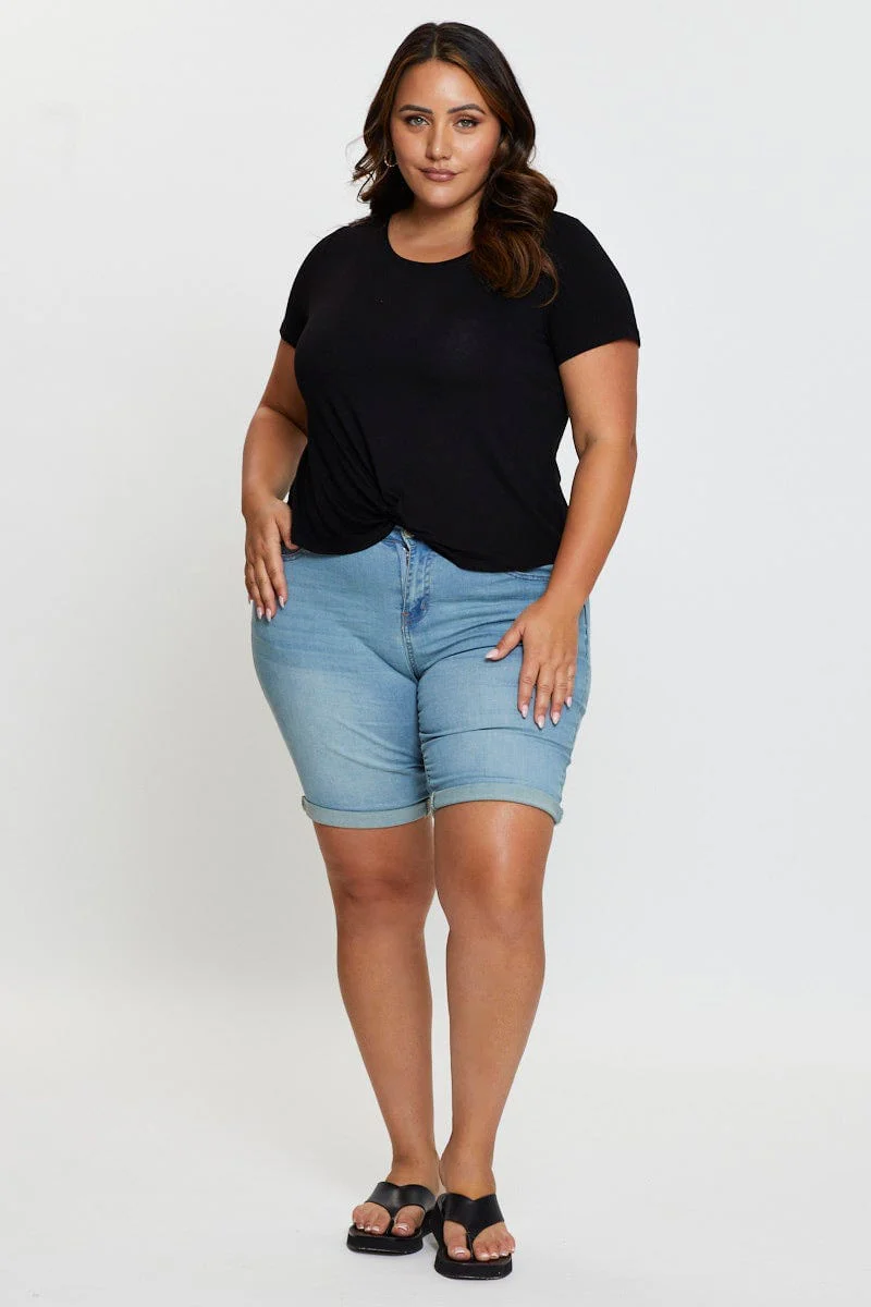 Black Cotton T-shirt Knot Front Crew Neck Short Sleeve - Image 4