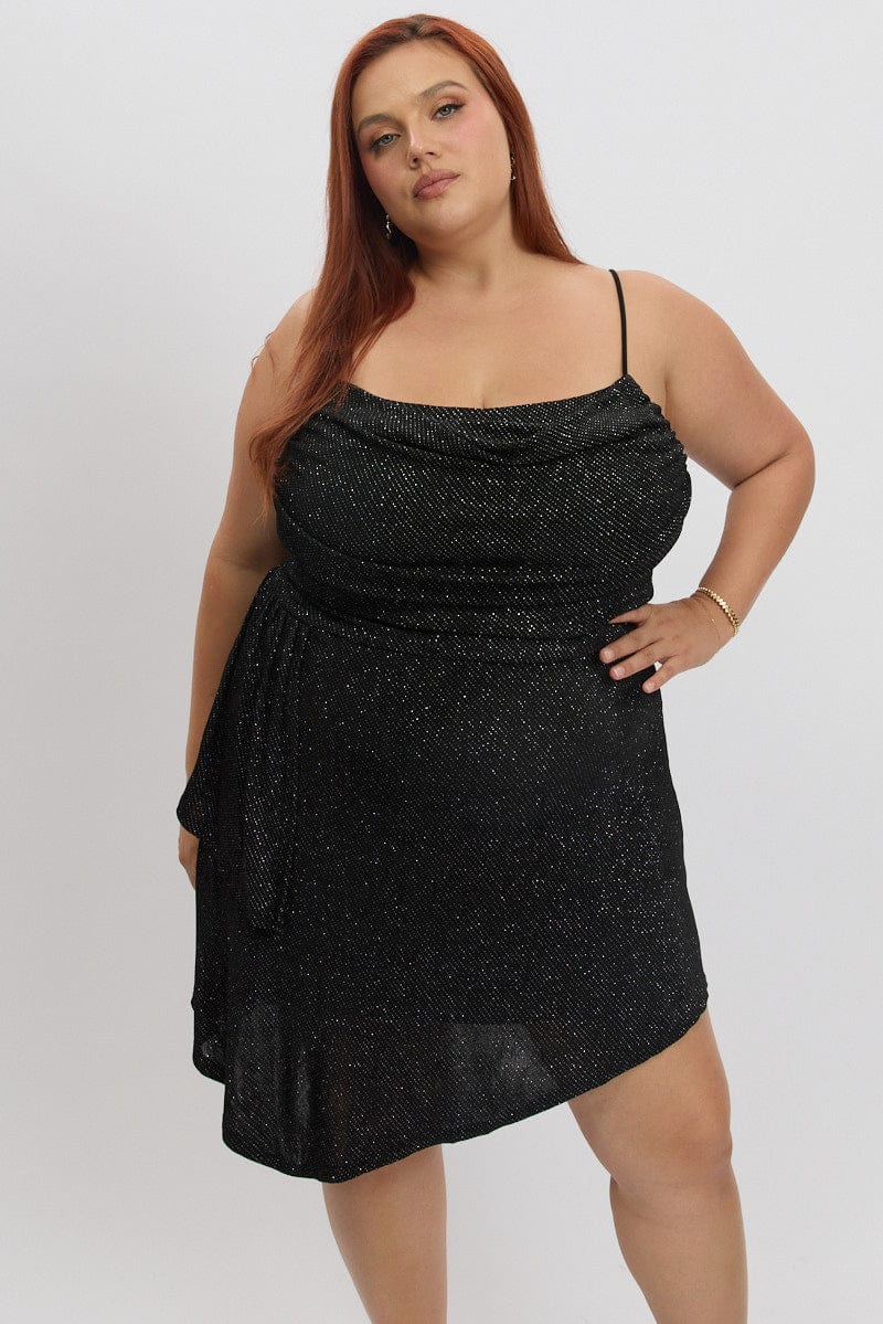 Black Cowl Neck Glitter Jersey Minidress - Image 3