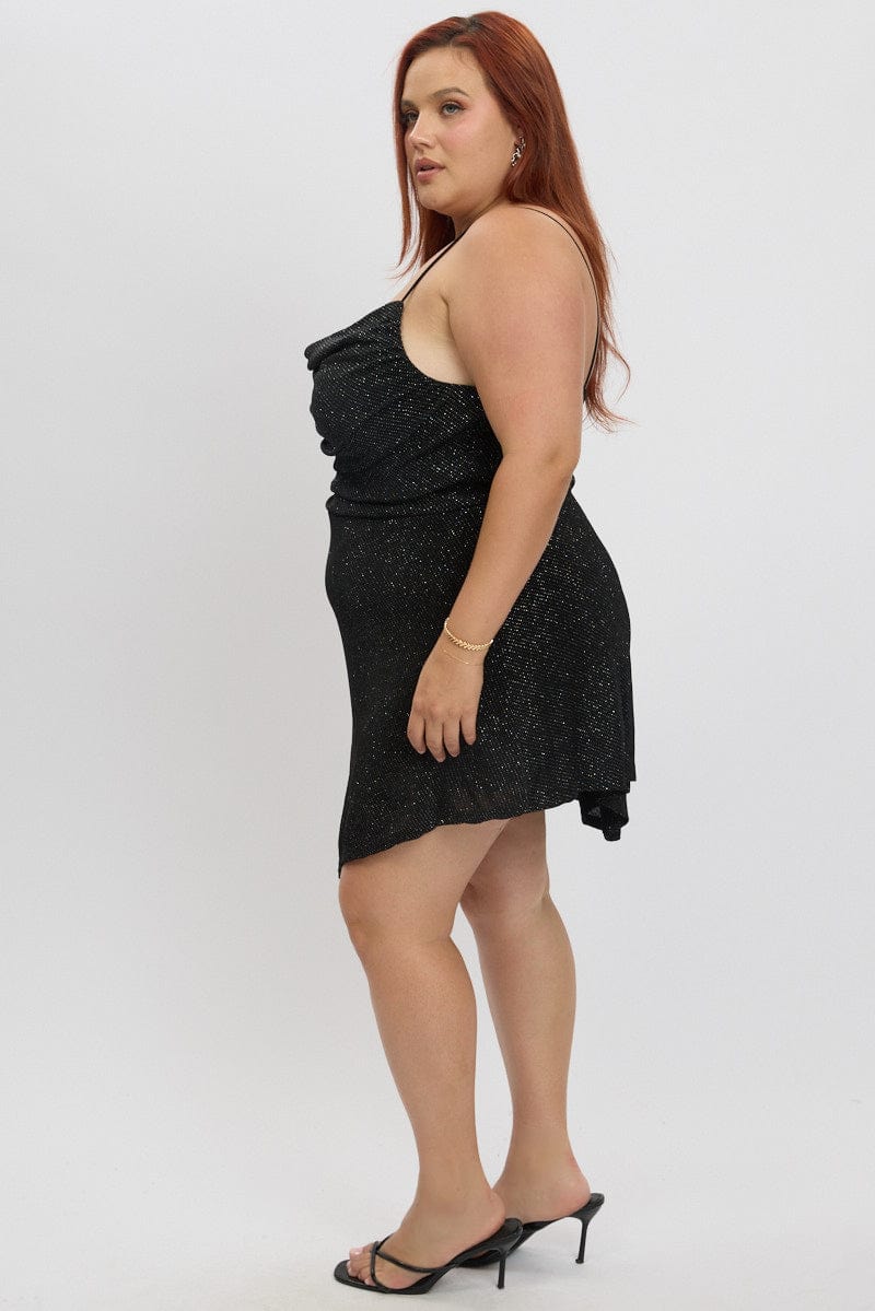 Black Cowl Neck Glitter Jersey Minidress - Image 4