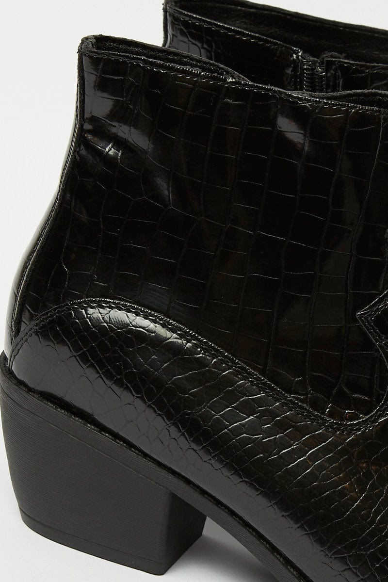 Black Croc Print Western Ankle Boots - Image 2
