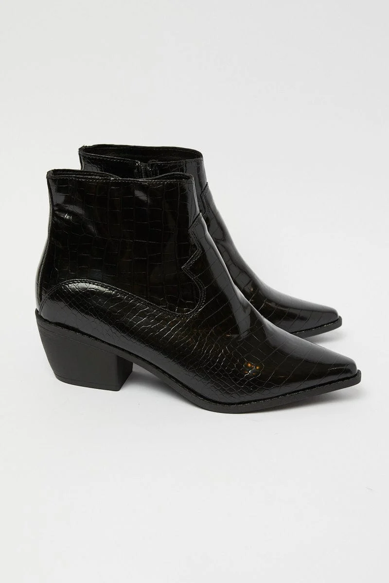 Black Croc Print Western Ankle Boots - Image 4